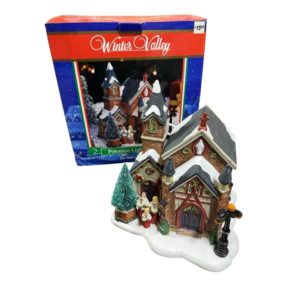 Winter Valley Porcelain Lighted‎ Church With Choir Christmas Village